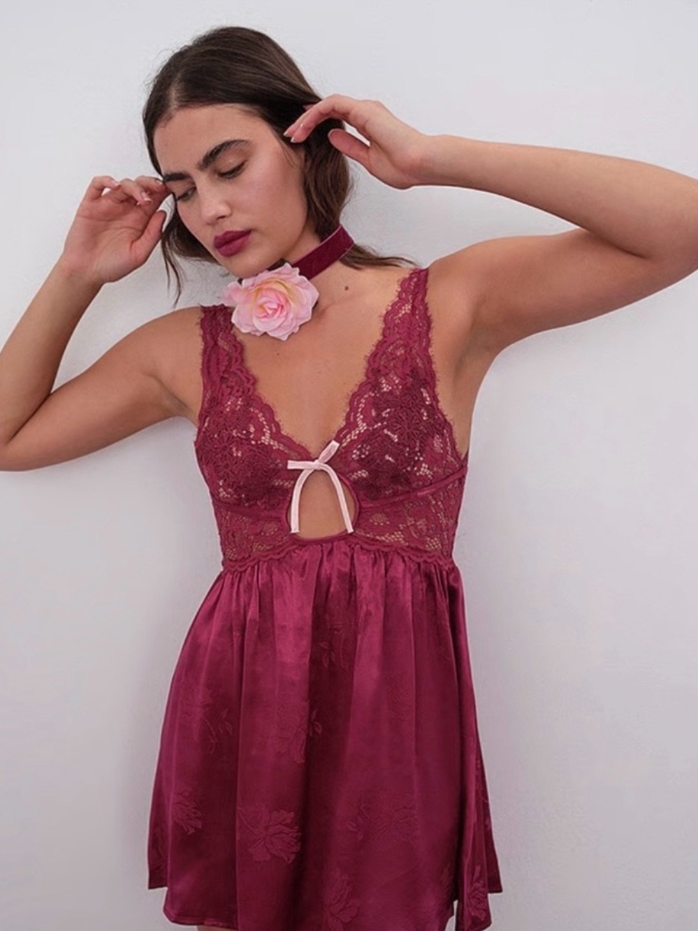 155. For Love And Lemons Wine Pink Lace & Satin Babydoll Chemise